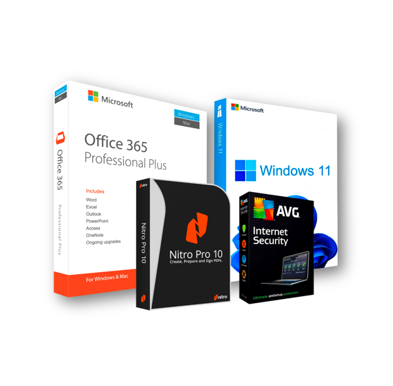 Combo: Office 365 (5 pc, 1 año) + Windows 11 Pro (1 pc, permanente) + Nitro 10 Pro (1 pc, permanente)+  AVG Internet Security (1 pc, 1 año)