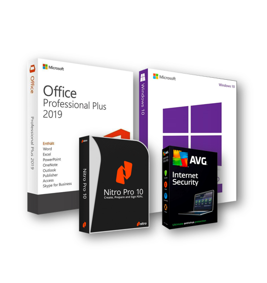 Combo: Office 2019 Professional Plus (OEM) + Windows 10 Pro (OEM) + Nitro 10 Pro (1 pc, permanente)+  AVG Internet Security (1 pc, 1 año)