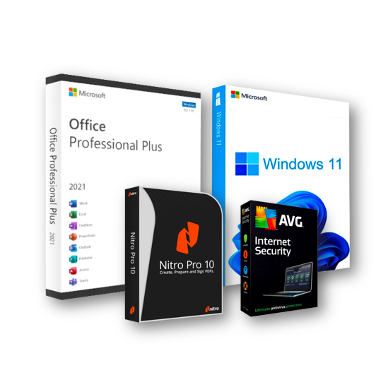 Combo: Office 2021 Professional Plus (OEM) + Windows 11 Pro (OEM) + Nitro 10 Pro (1 pc, permanente)+  AVG Internet Security (1 pc, 1 año)